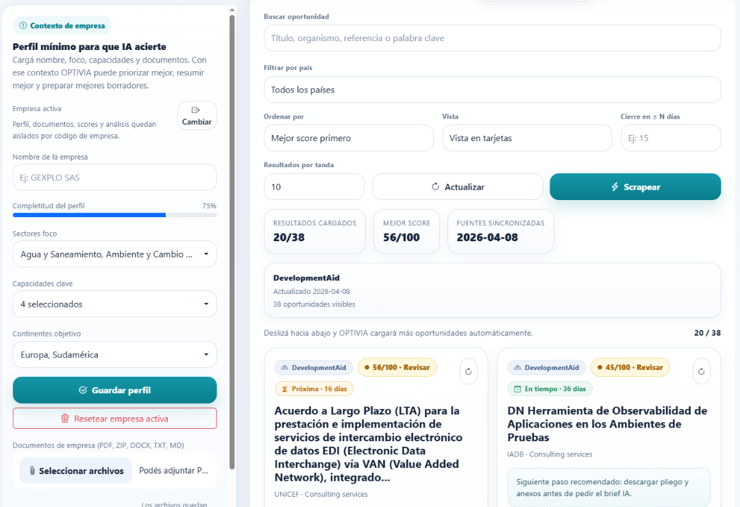 Optivia — Plataforma en uso